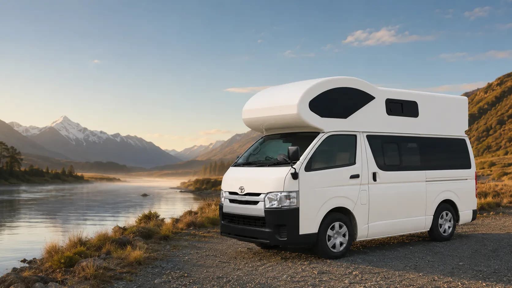 Toyota Hiace campervan Aurora with shower, Vibe Rentals Christchurch
