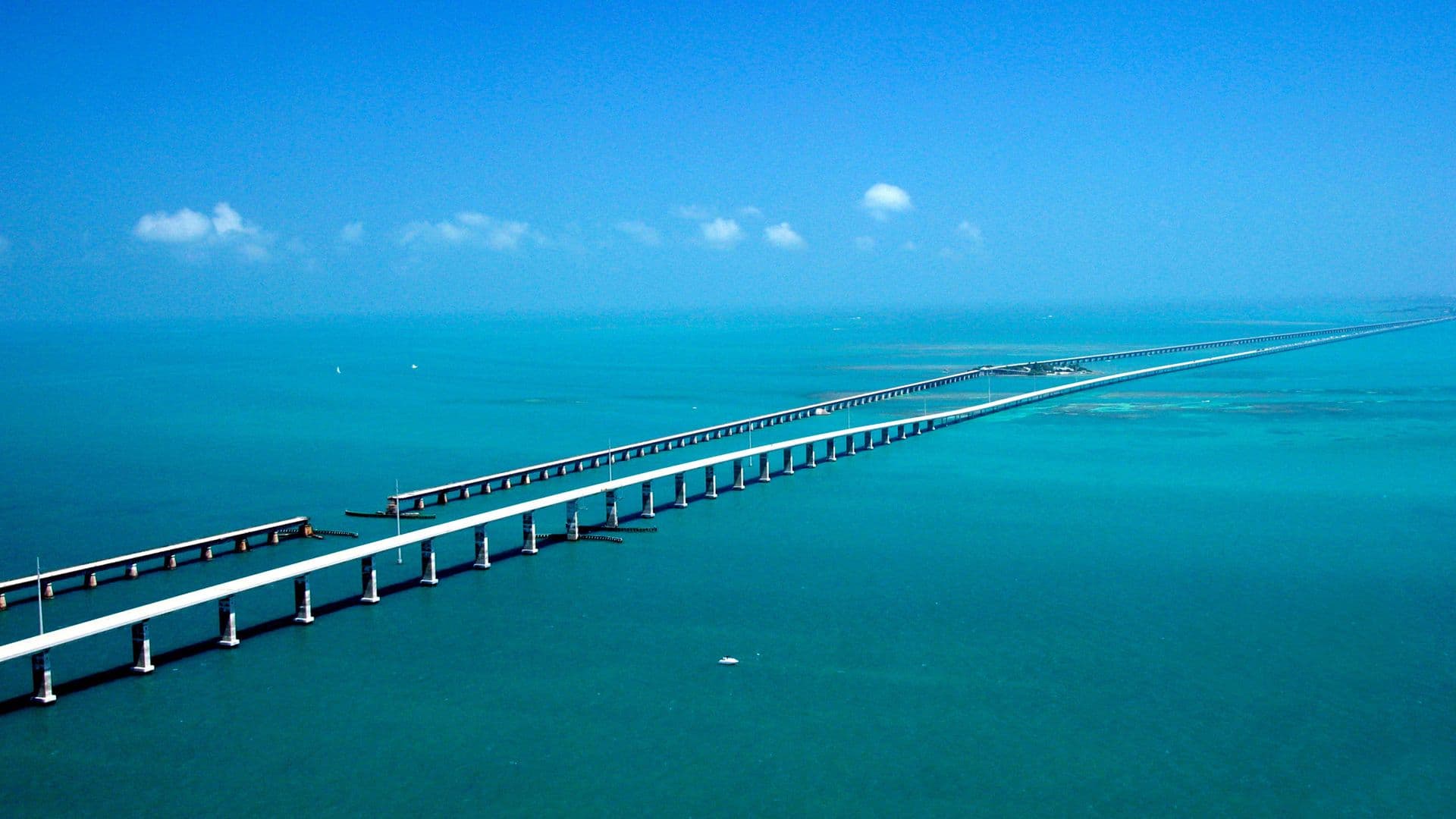 Aerial view of the Seven Mile Bridge on the Overseas Highway in the Florida Keys, with the old bridge alongside