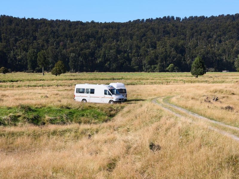 Campervan parked on a grassy freedom camping spot on New Zealand's West Coast, with native forest behind
