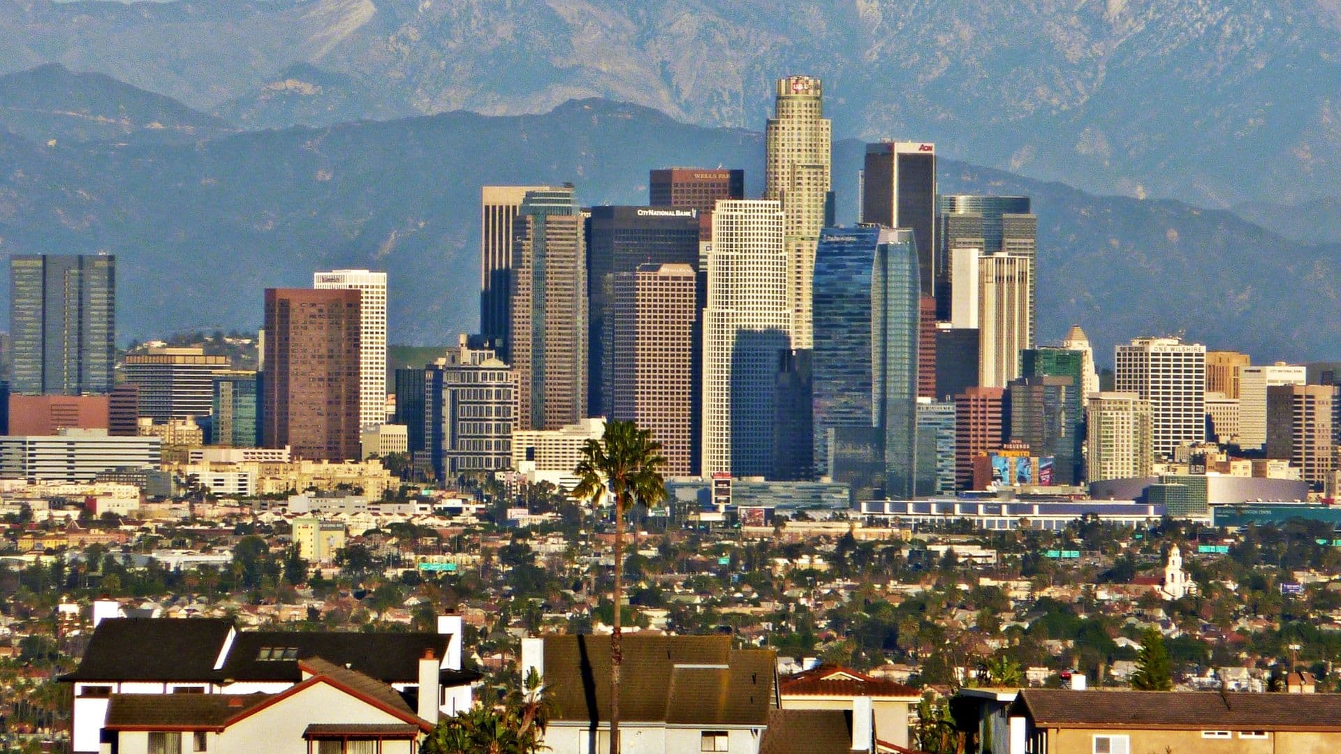 Downtown Los Angeles skyline with the San Gabriel Mountains behind