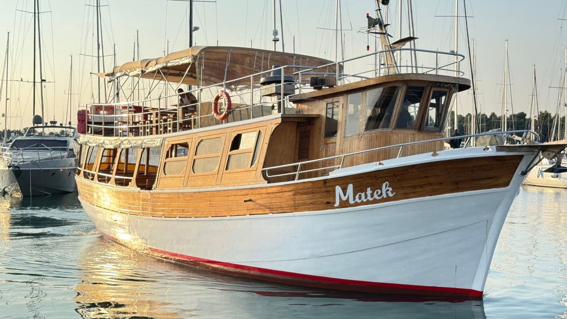 Matek boat in the marina at sunset