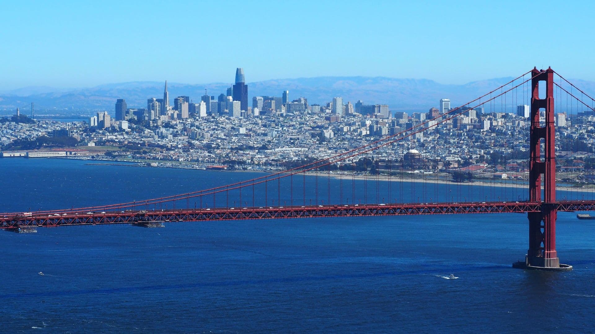 Golden Gate Bridge and the San Francisco skyline seen from the Marin Headlands