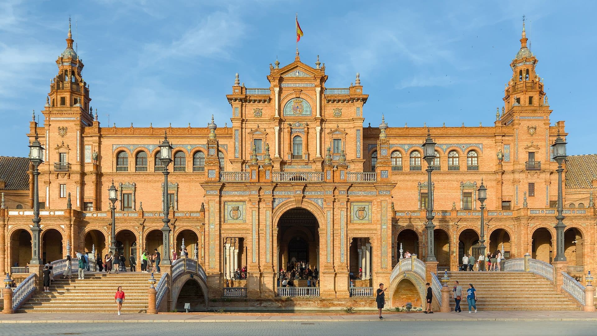Central building and towers of the Plaza de España in Seville in evening light