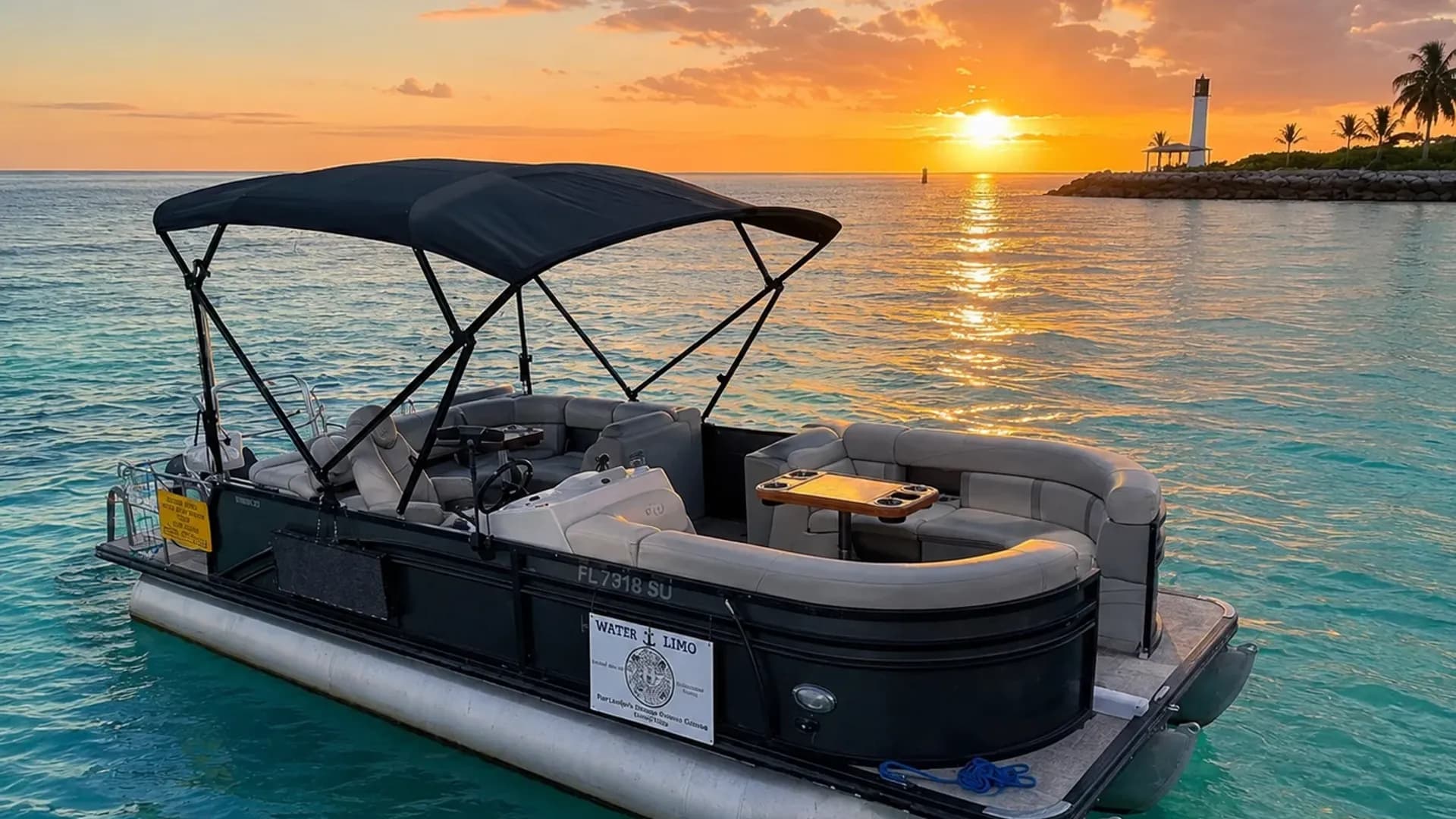 The Prosperity pontoon boat with canopy and curved seating at sunset, Water Limo Hollywood FL