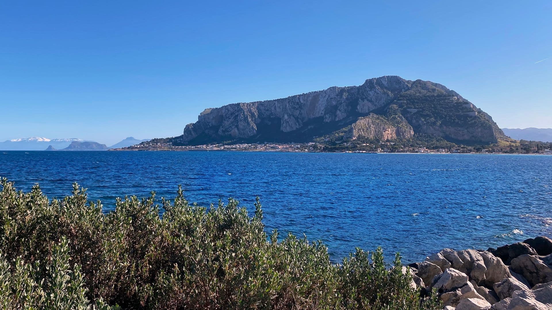 Monte Pellegrino and the bay of Mondello near Palermo, seen from the sea cliffs
