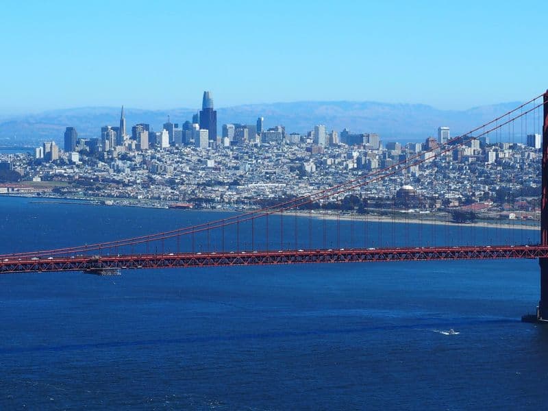 Golden Gate Bridge and the San Francisco skyline seen from the Marin Headlands
