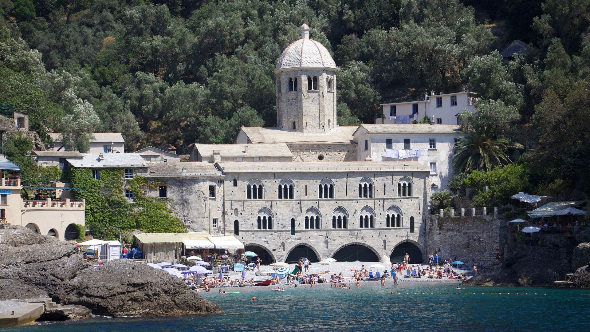 The abbey of San Fruttuoso in a cove on the Portofino promontory, seen from the sea