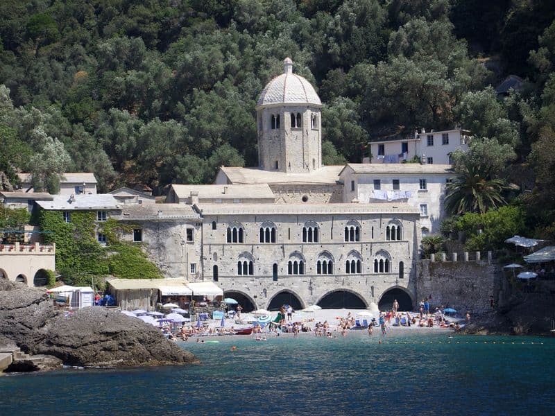 The abbey of San Fruttuoso in a cove on the Portofino promontory, seen from the sea