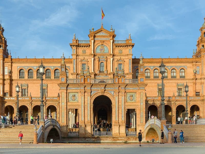 Central building and towers of the Plaza de España in Seville in evening light
