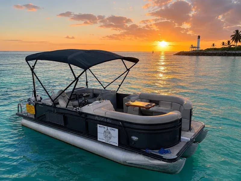 The Prosperity pontoon boat with canopy and curved seating at sunset, Water Limo Hollywood FL